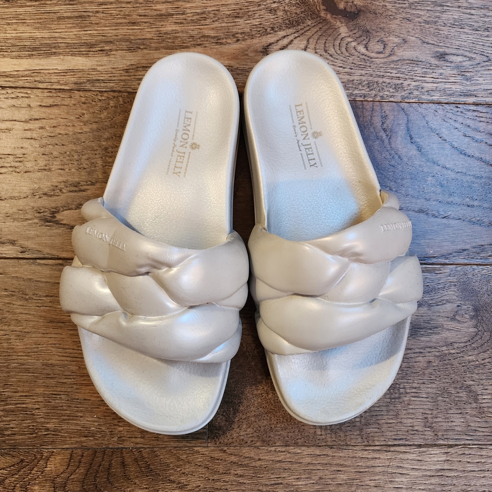 Lemon Jelly Cocoon Slide Pearl Silver 39/8.5 NWOT